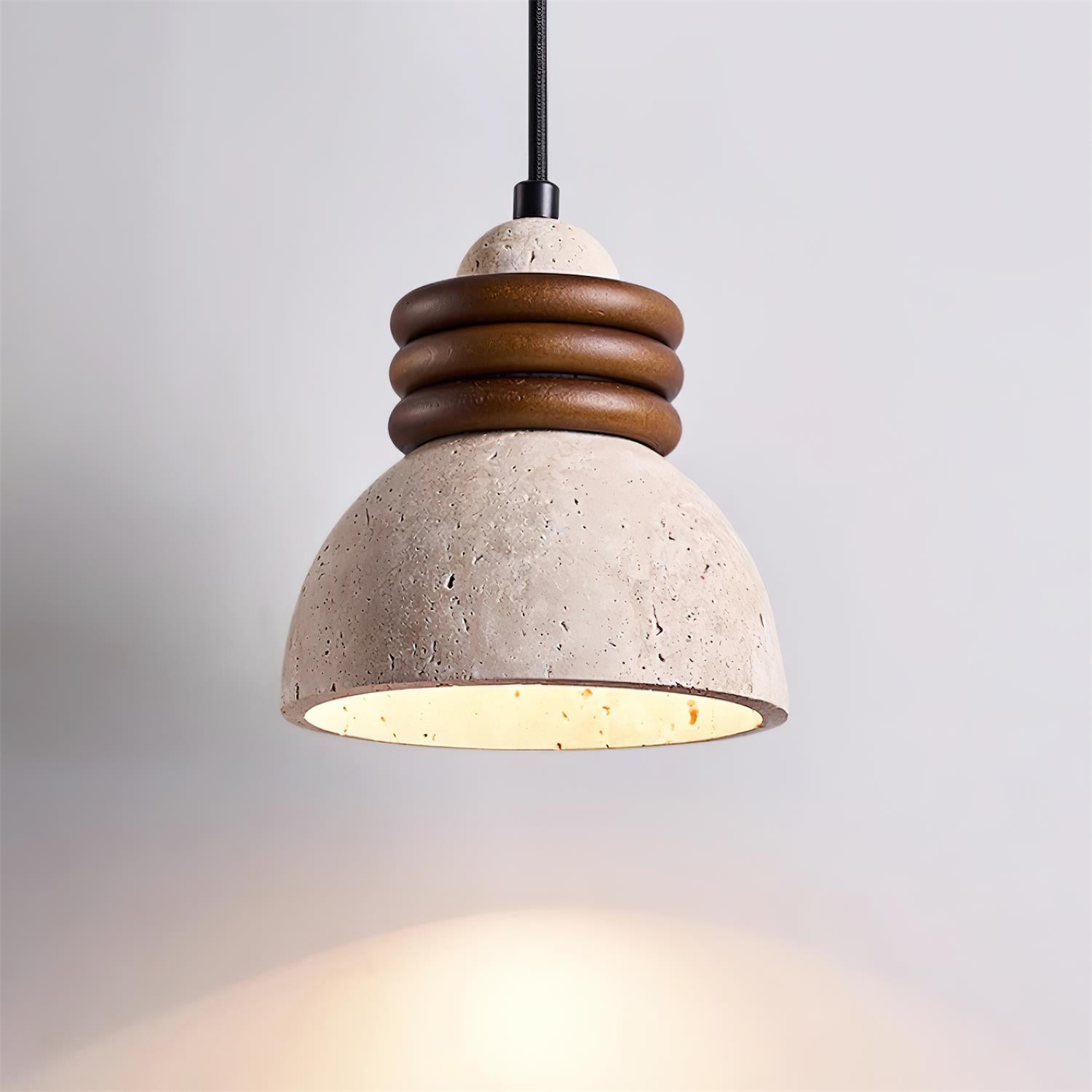 Dome Ambient Pendant Lamp With Walnut Wood Rings And Travertine